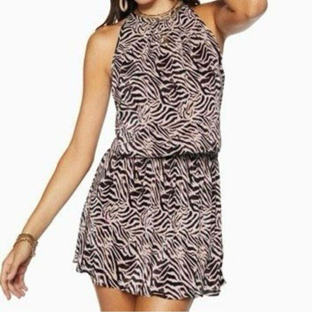 Ramy Brook Zebra Print Paris Sleeveless Dress Pleated Smocked Waist size Small